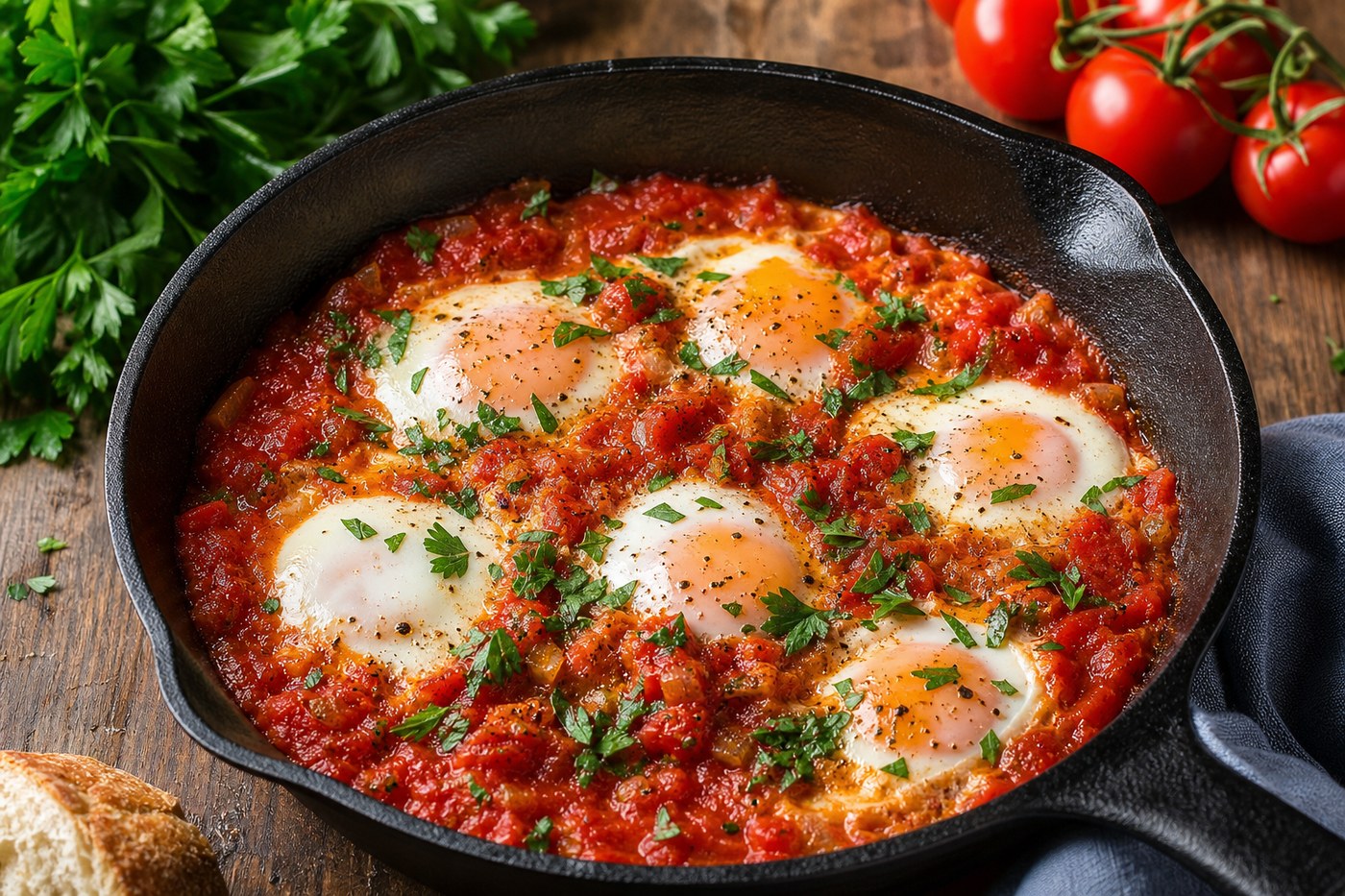Shakshuka bubbling in cast iron pan