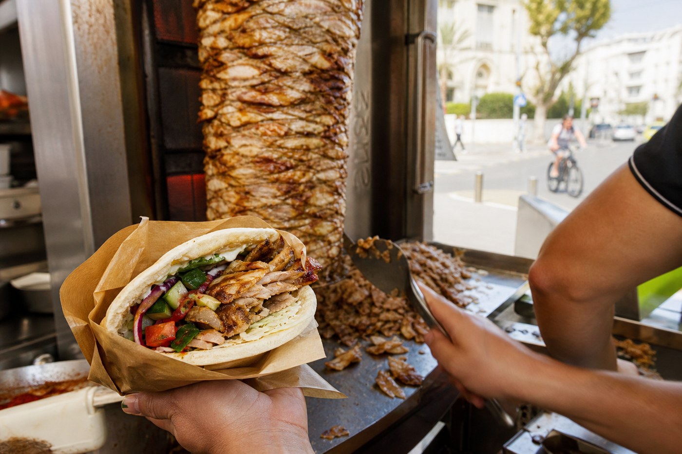 Freshly carved shawarma on Rothschild Blvd